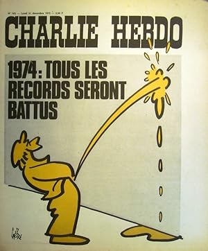 Charlie Hebdo N° 163. Couverture de Gébé: 1974, tous les records seront battus. 31 décembre 1973.