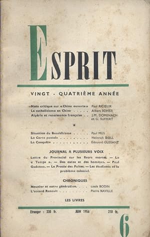 Revue Esprit. 1956, numéro 6. Articles de Paul Ricoeur - Jean-Marie Domenach - Albert Sohier - Pa...