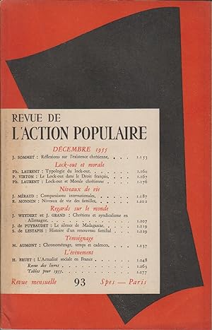 Revue de l'Action populaire N° 93. Articles de : J. Sommet - Ph. Laurent - P. Virton - J. Méraud ...