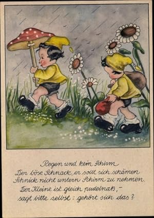 Künstler Ansichtskarte / Postkarte Regen und kein Schirm, Zwerge Schnick und Schnack
