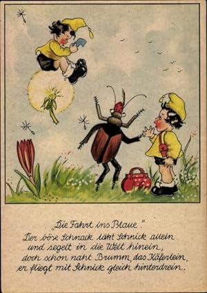 Künstler Ansichtskarte / Postkarte Die Fahrt ins Blaue, Zwerge Schnick und Schnack, Käfer