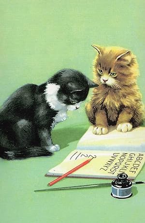 Cats Writing An Alphabet Bottle Of Parker Ink Ladybird Postcard