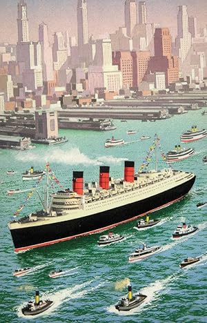 Queen Mary Ship in New York 1971 Ladybird Book Painting Postcard