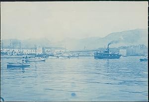 France, Bateaux dans un port, ca.1910, Vintage cyanotype print