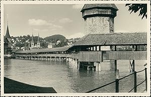 Suisse, Lucerne, Clochers, Kapellbrücke et la Tour d'Eau, 1949, Vintage silver print