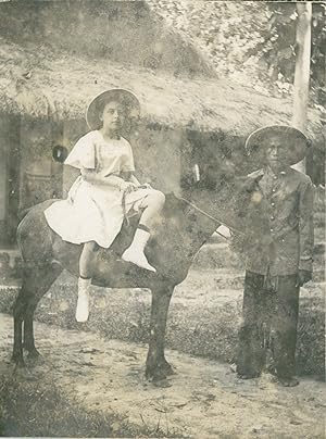 Indochine, Annam, Jeune fille sur un poney, ca.1899, Vintage silver print