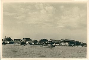 Indochine, Bateaux et hangars sur le fleuve, ca.1940, Vintage silver print