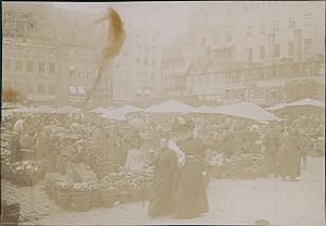 Allemagne, Nuremberg, Marché au Schöner Brunnen, 1900, Vintage citrate print