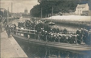 France, Quimper, Militaires sur un bateau de plaisance, 1911, Vintage citrate print on carte post...