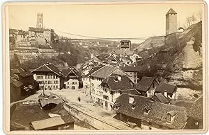 Suisse, Fribourg, Vue de la ville avec le Pont du Gottéron, ca.1880, vintage albumen print