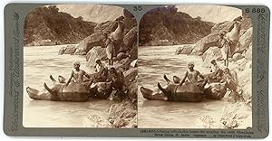 Stereo, Underwood & Underwood, European Publishers, Inflating bullock skin boats, for crossing th...