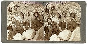 Stereo, Underwood & Underwood, European Publishers, Native Bhujji girls on the rocky banks of the...