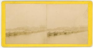 Stereo, Pont de bateaux sur une rivière, ville à identifier, circa 1900