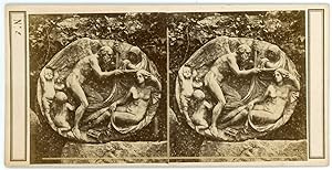 STEREO Sculpture vieil homme ailé, femme nue, déesse, chérubins, circa 1870