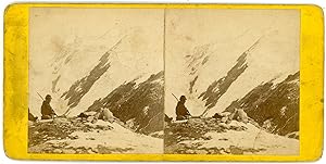 STEREO France, Montagne enneigée à identifier, homme en pose après une randonnée, circa 1870