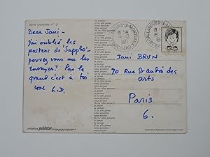 Carte postale autographe signée adressée à Jani Brun