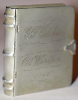 [Faux Book] Heavy Miniature Tin Box with Etched on Front: G. P. Wilsher - Old Warden - 1902