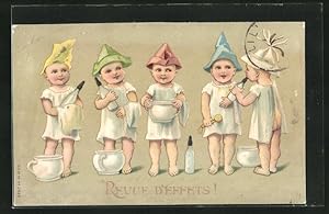 Präge-Ansichtskarte Revue d'Effets!, Kinder mit Milchflaschen und Töpfchen