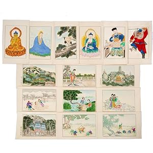 15 Chinese Painted Cards - 20th Century most depicting daily life, with children at play and peop...