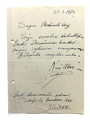 Autograph letter signed 'Nuri Abaç'.