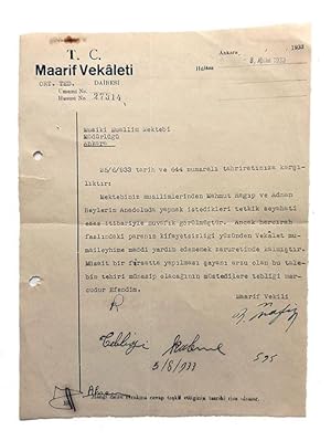 Typescript document signed 'Maarif Vekili B. Nafiz' about Mahmud Ragip Kösemihal and Adnan Saygun...