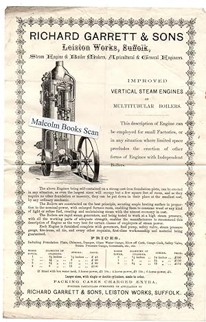Richard Garrett & Sons flyer / advert for an Improved vertical steam engine, various sizes with p...