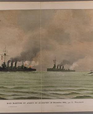 Raid maritime et aérien sur Cuxhaven (25 décembre 1914). Gravure colorisée extraite de l'histoire...