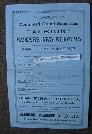 Flyer/ Poster for list of Season 1892 Prizes for Albion Mowers and Reapers, Season,