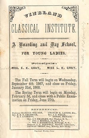 Vineland Classical Institute: A Boarding and Day School, for Young Ladies