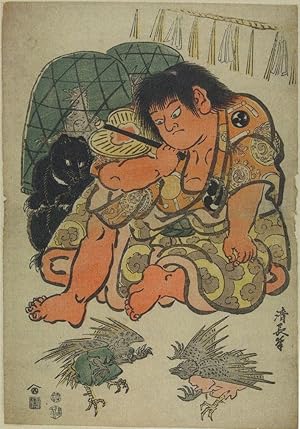 Tori Kiyonaga Kintaro Fighting Cocks Tengu Japanese Art Postcard
