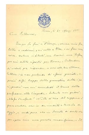 Lettera di 26 righe manoscritte su due facciate su carta intestata "Senato del Regno. Roma 20 Mar...