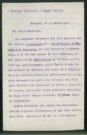 Lettera all'editore e tipografo Guidetti di Reggio Emilia in copia dattiloscritta datata Bologna,...