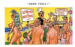 Nudist Camp in 1970s Military Style Strike Walkout Comic Postcard