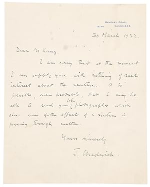 Autograph letter signed, written to George Frederick Kunz regarding his research on the Neutron