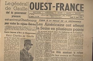 Ouest-France. 1ère année N° 13. Paris à la veille de la délivrance 21 août 1944.
