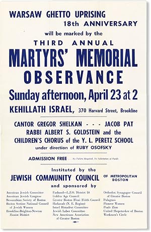 Warsaw Ghetto Uprising 18th Anniversary Will Be Marked By The Third Annual Martyrs' Memorial Obse...