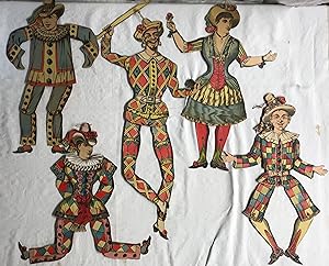 Group of 5 Late 19th C French Pantine Articulated Lithograph Harlequin Dolls