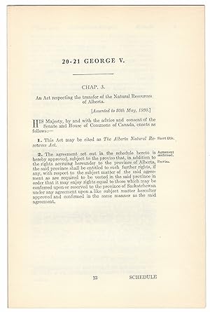 ALBERTA NATURAL RESOURCES ACT (1930). An Act respecting the transfer of the Natural Resources of ...