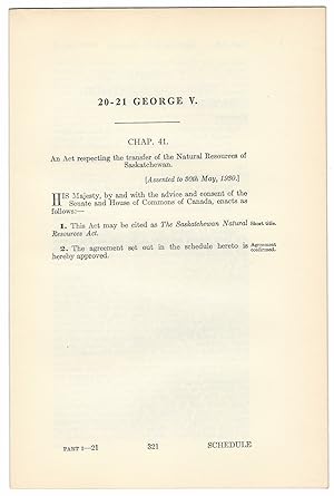 SASKATCHEWAN NATURAL RESOURCES ACT (1930). An Act respecting the transfer of the Natural Resource...