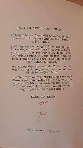 Bagatelles végétales (with cover by Joan Miró,a nd signed by him)