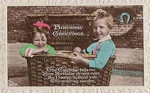 Boy & Girl In Basket Wild Red Hat Real Photo Old Greetings Postcard