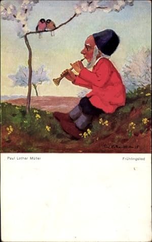 Künstler Ansichtskarte / Postkarte Müller, Paul Lothar, Frühlingslied, Zwerg mit Flöte