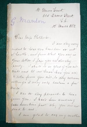 4 page letter to Helen Holbeche. 1st March 1882 "I don't like painting portraits". signed letter.