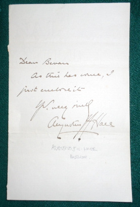 Augustus J. C. Hare. Autograph on piece. To Bevan.