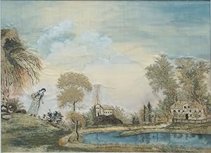 Silk & Watercolor Embroidered Landscape; A Woman and Child Playing by the Pastor's Pond