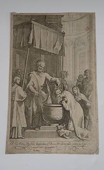 The Apostle Peter Baptizing Saint Prisca. Original engraving.
