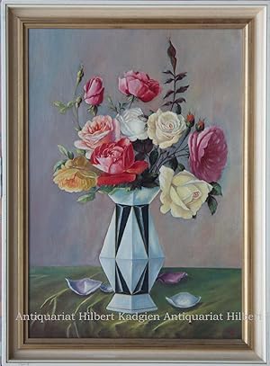 "Vase mit Rosen". Signiertes Ölbild auf Leinwand.