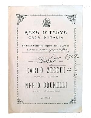 [ZECCHI IN ISTANBUL] Autograph concert program signed 'Carlo Zecchi', on a rare printed program o...