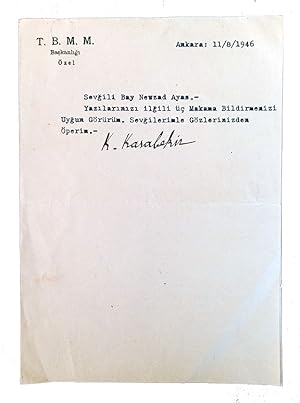 Typescript letter signed 'K. Karabekir' to Nevzad Ayas.
