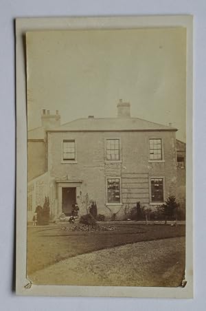 Carte De Visite Photograph. View of a Large House with Children & a Mother. Unknown Location.